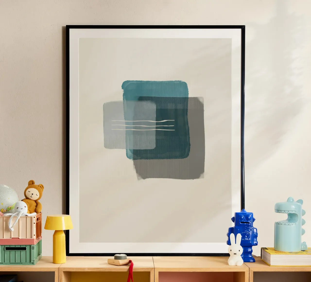 Modern abstract shapes in retro style with blue and grey hahnemühle by Imaginative