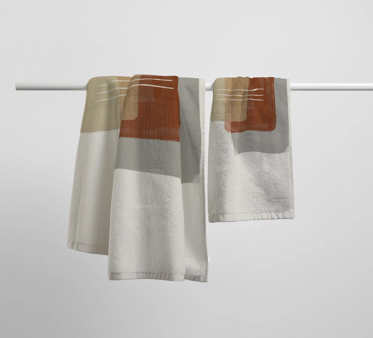 Modern abstract shapes in retro style with earth tones towel by Imaginative