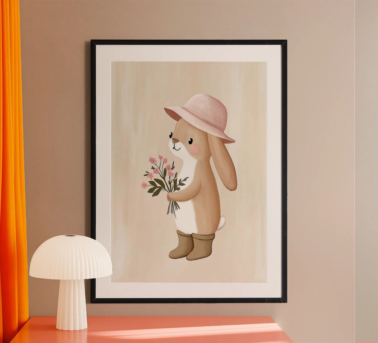 Cute Bunny with Flowers, Nursery Print for Girls Playroom poster by Little Lola