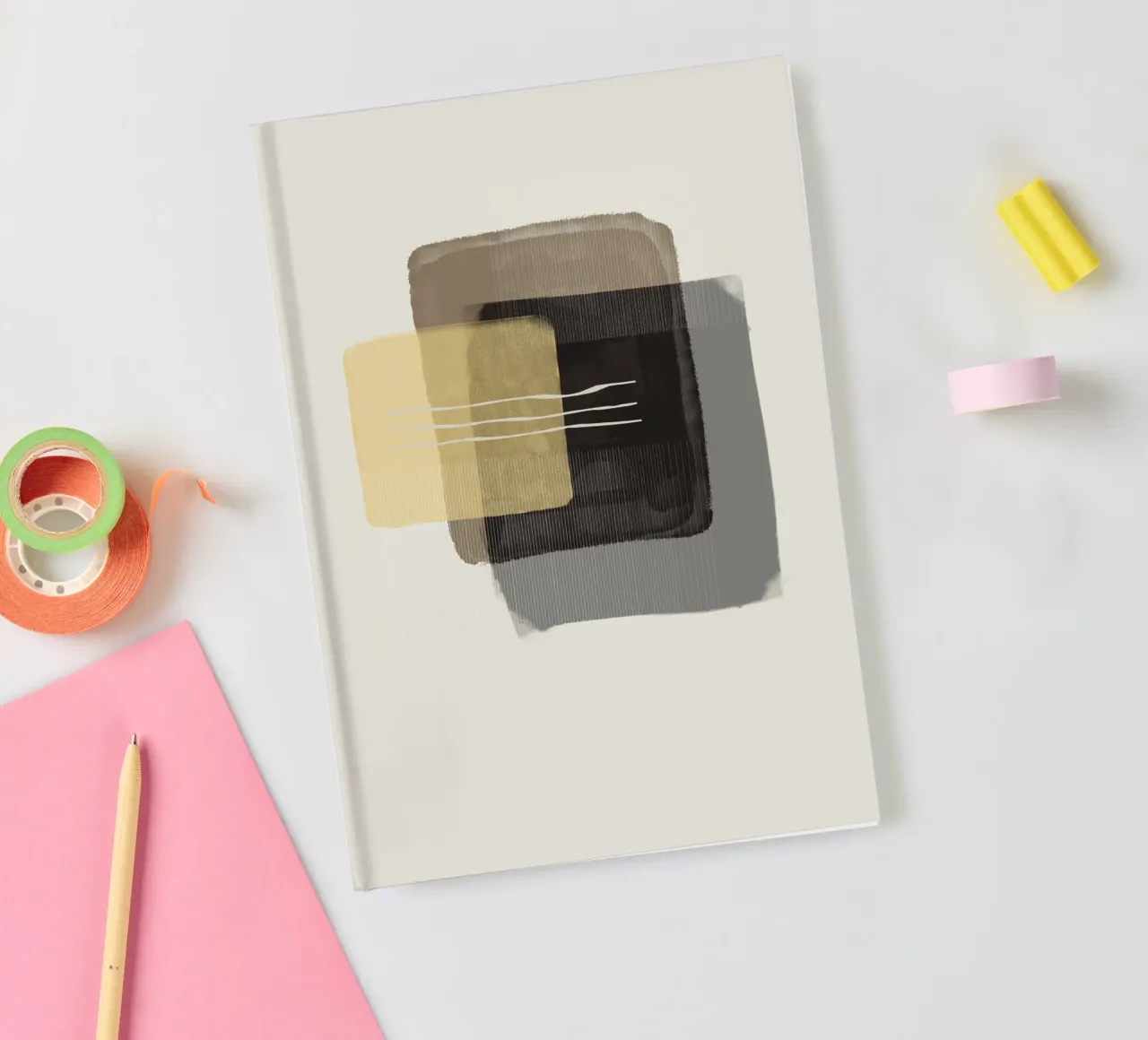 Modern abstract shapes in retro style with yellow and brown notebook by Imaginative