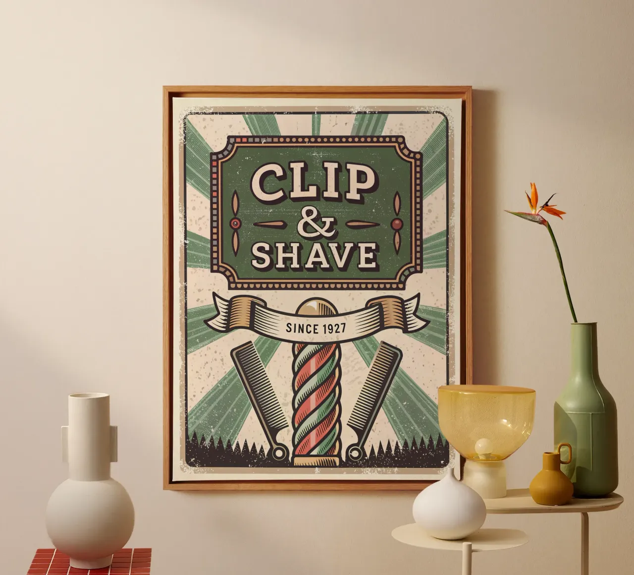 Insegna retrò del barbiere Clip & Shave tela con Cornice a cassetta da Jester Krew Art