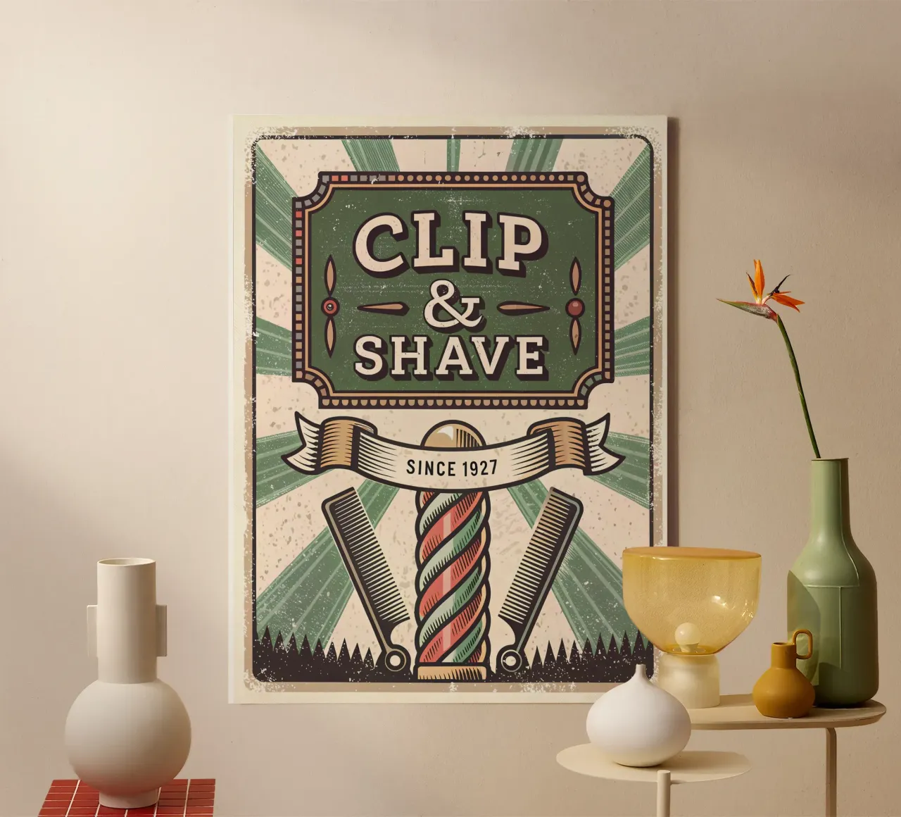 Insegna retrò del barbiere Clip & Shave tela con Cornice a cassetta da Jester Krew Art