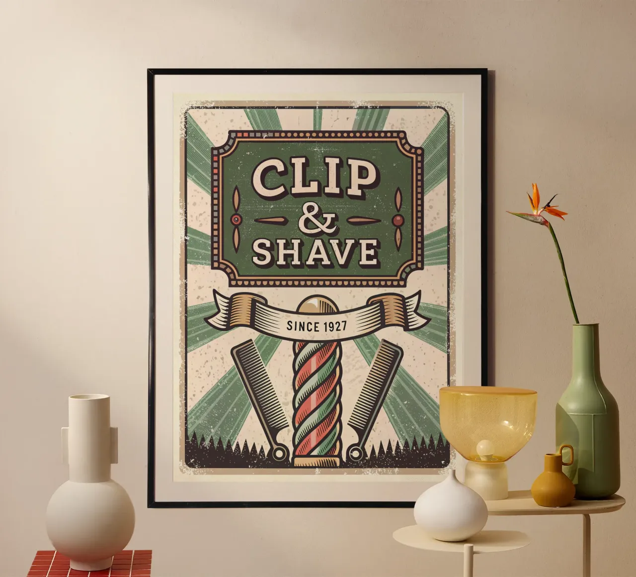Insegna retrò del barbiere Clip & Shave poster da Jester Krew Art