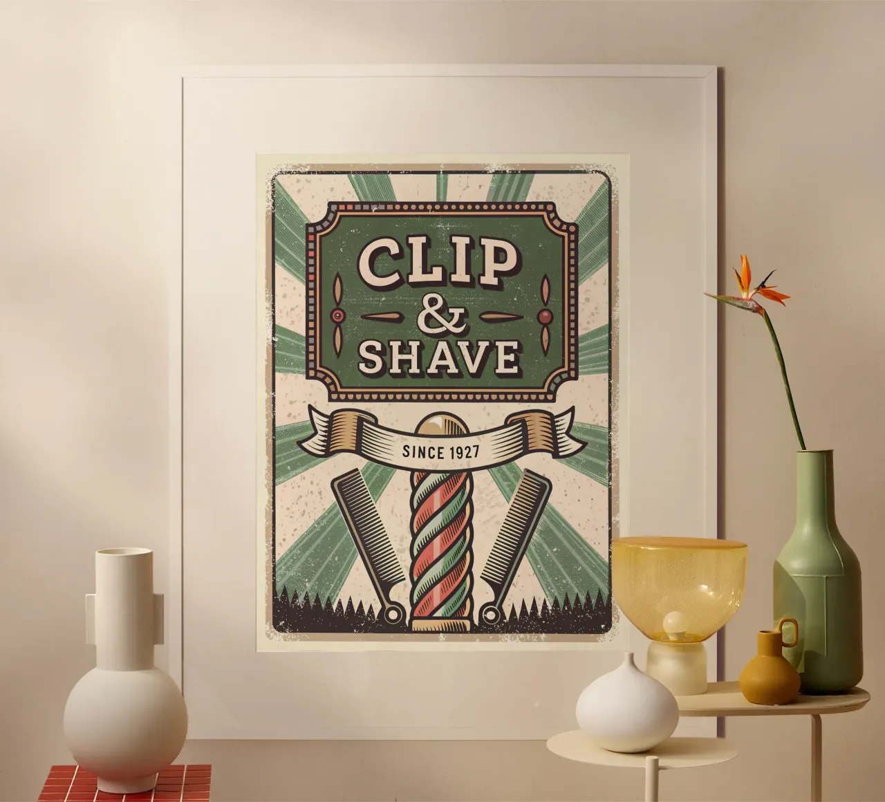 Insegna retrò del barbiere Clip & Shave poster da Jester Krew Art