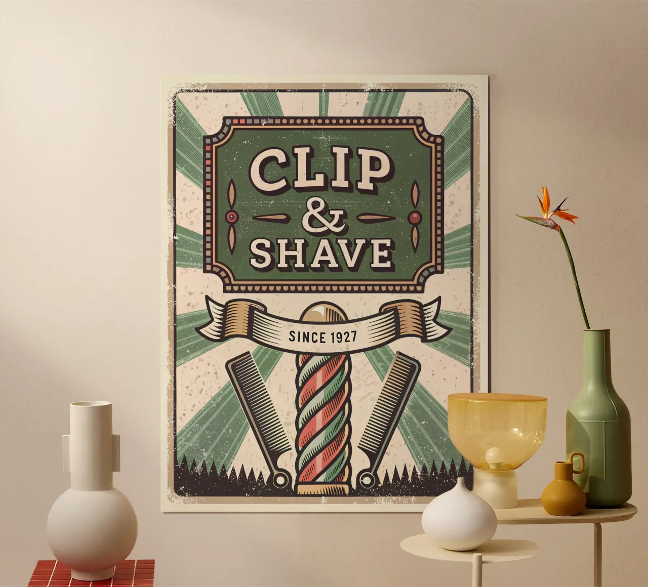 Insegna retrò del barbiere Clip & Shave poster da Jester Krew Art