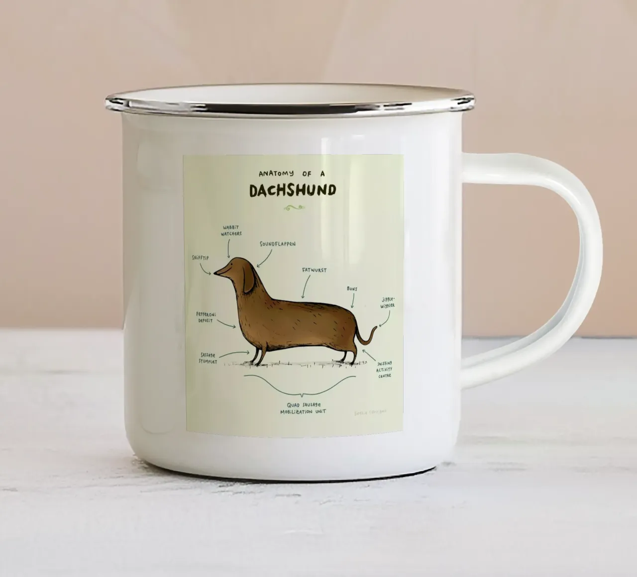 Anatomy Of A Dachshund tazza in smalto da Sophie Corrigan