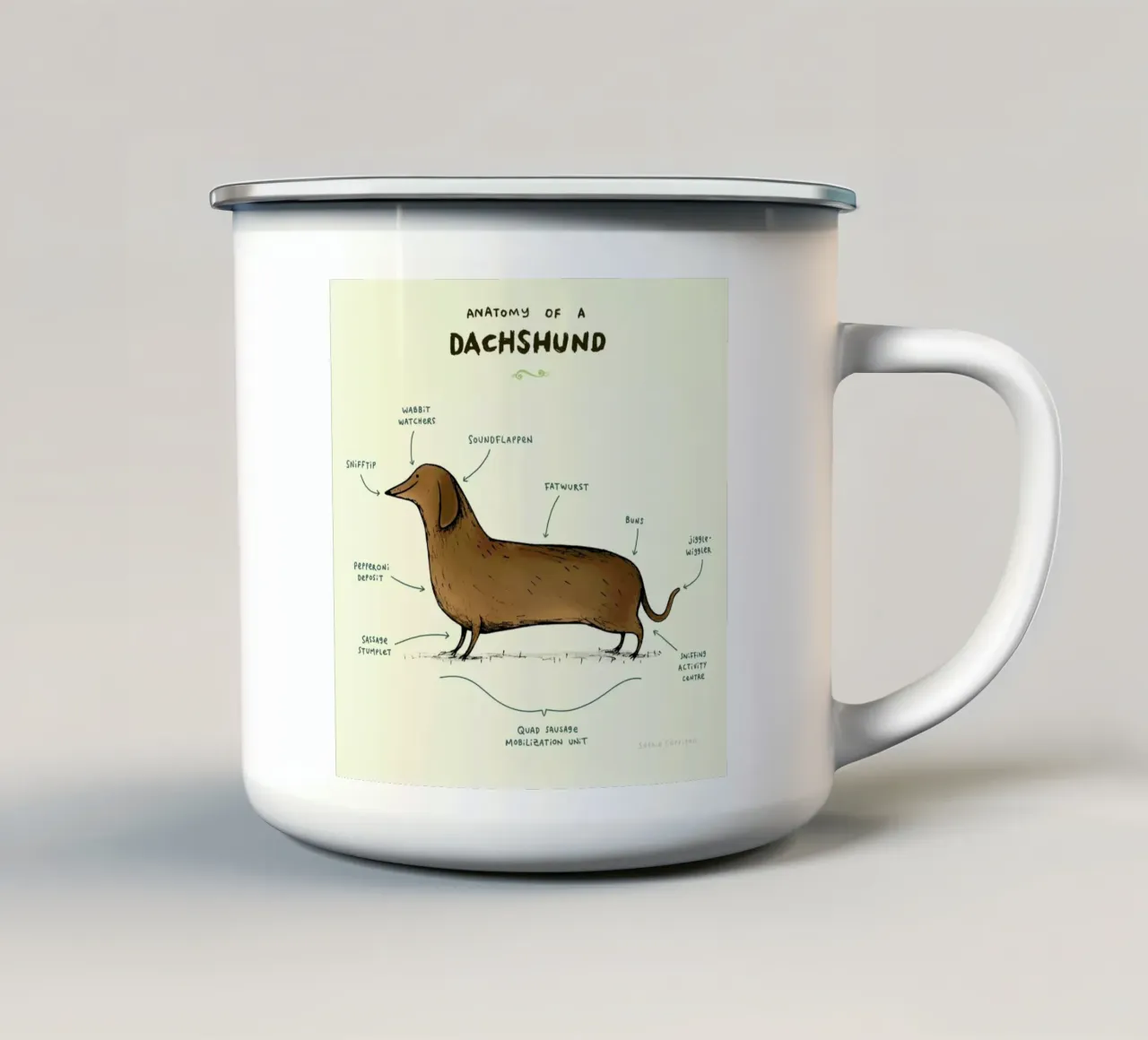 Anatomy Of A Dachshund tazza in smalto da Sophie Corrigan