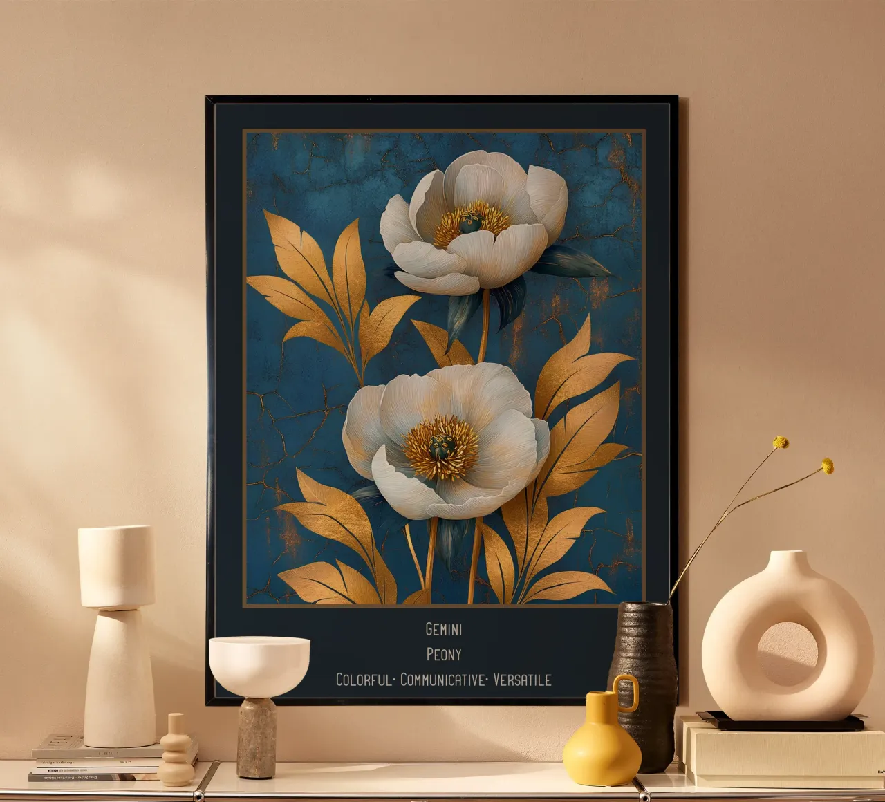 The flowers of the zodiac signs: Gemini - Peony poster with wooden frame by Art-Nouveau-Dsg