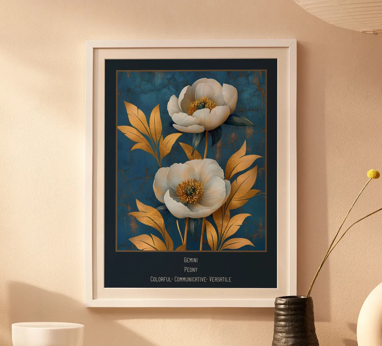 The flowers of the zodiac signs: Gemini - Peony poster with wooden frame by Art-Nouveau-Dsg