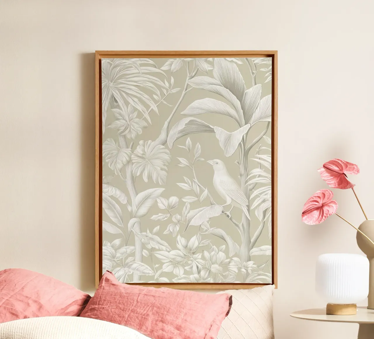 Giungla boho beige con uccello tela con Cornice a cassetta da Autofocus