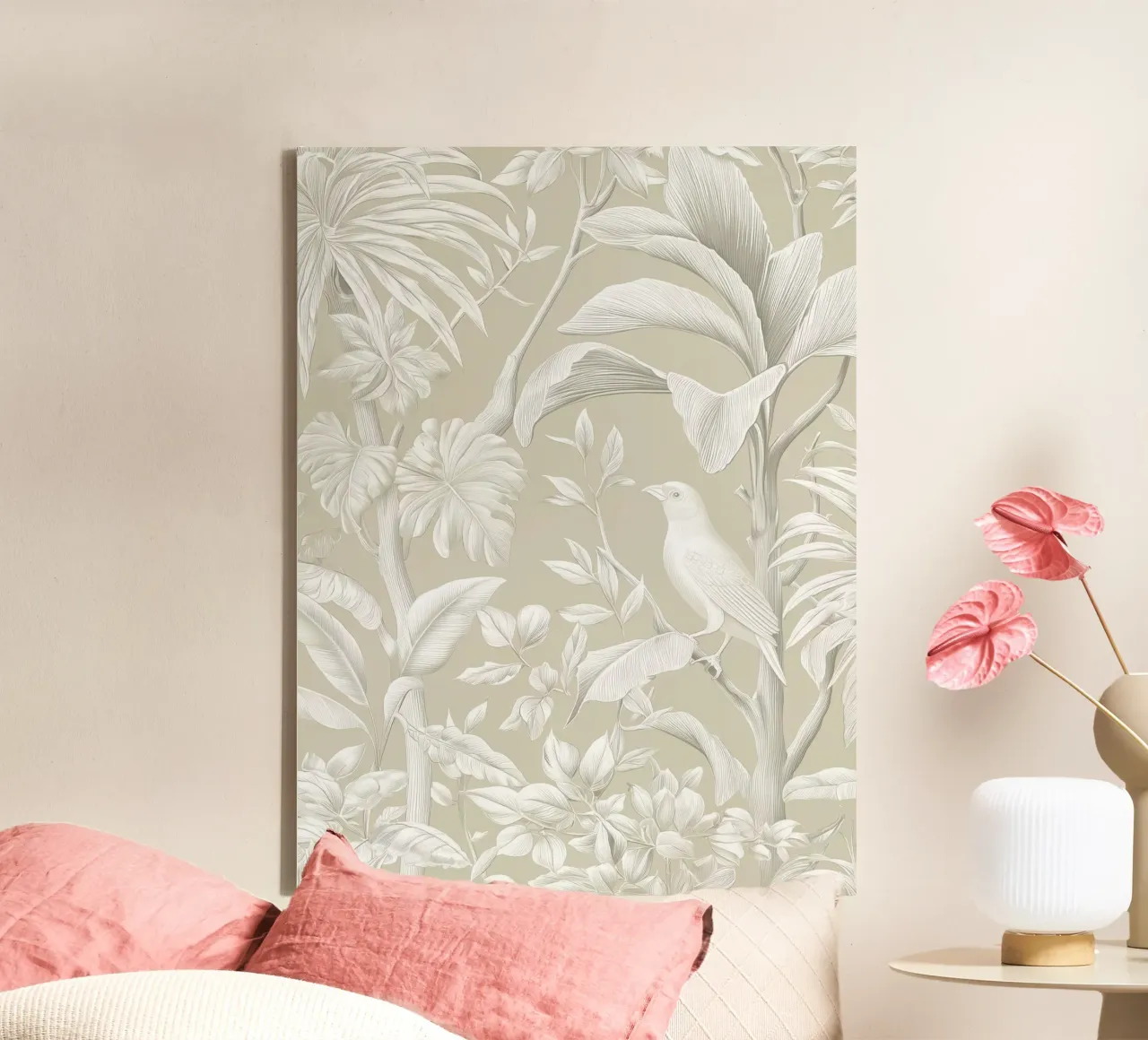 Giungla boho beige con uccello tela con Cornice a cassetta da Autofocus