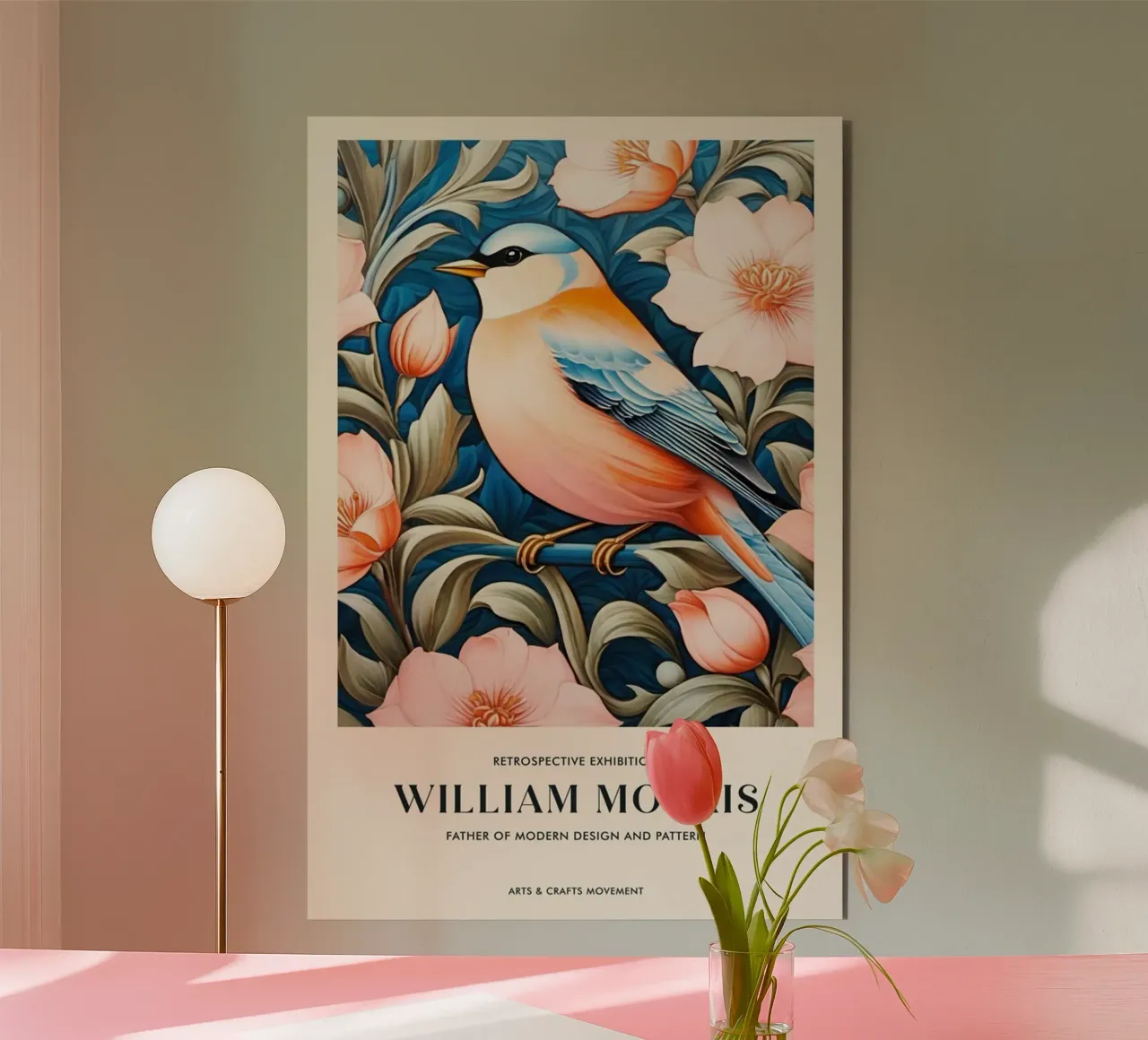 uccellino in un bel fiore william morris alluminio dibond da komo store