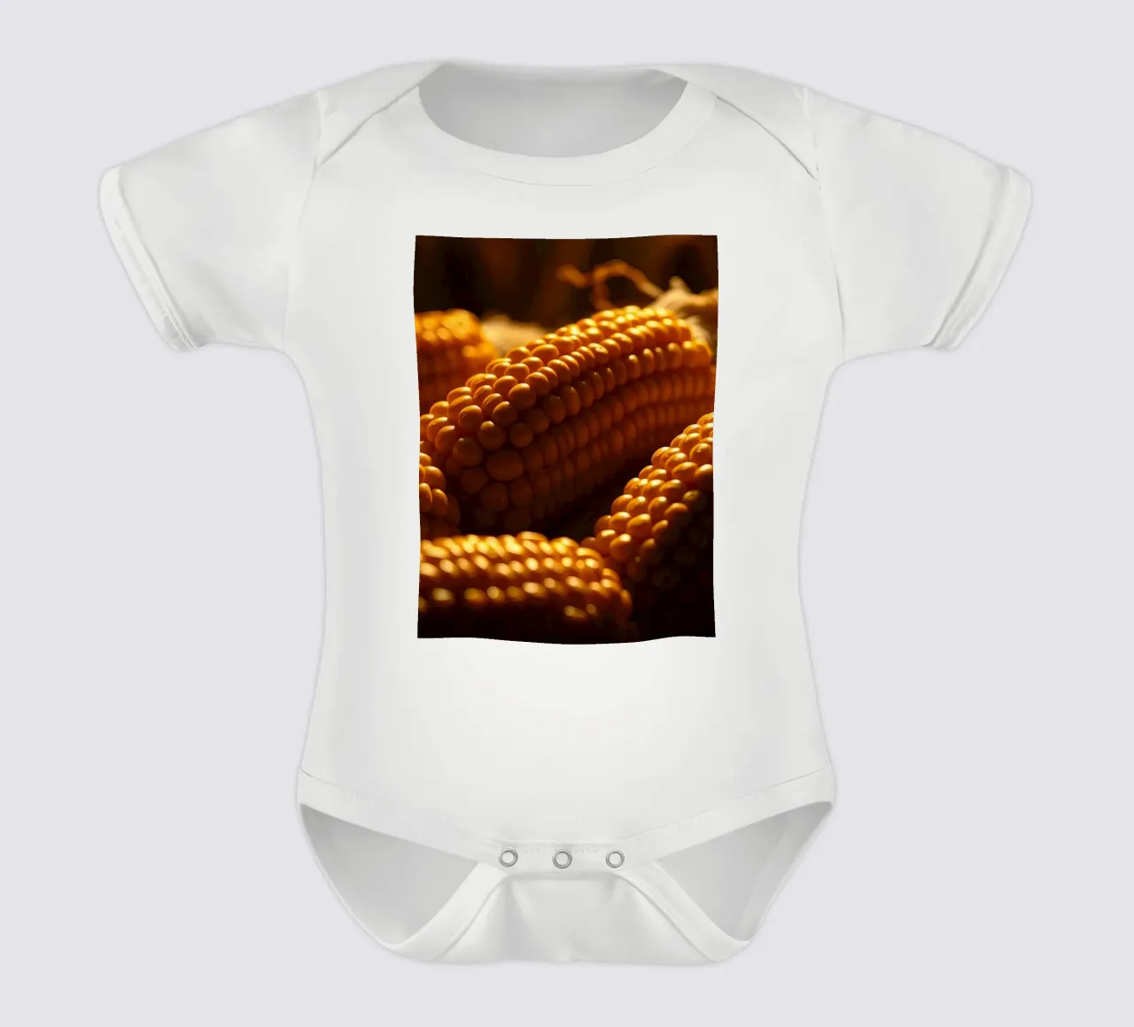 Golden corn ears displayed in a rustic setting short-sleeve baby romper by DesignDoodle