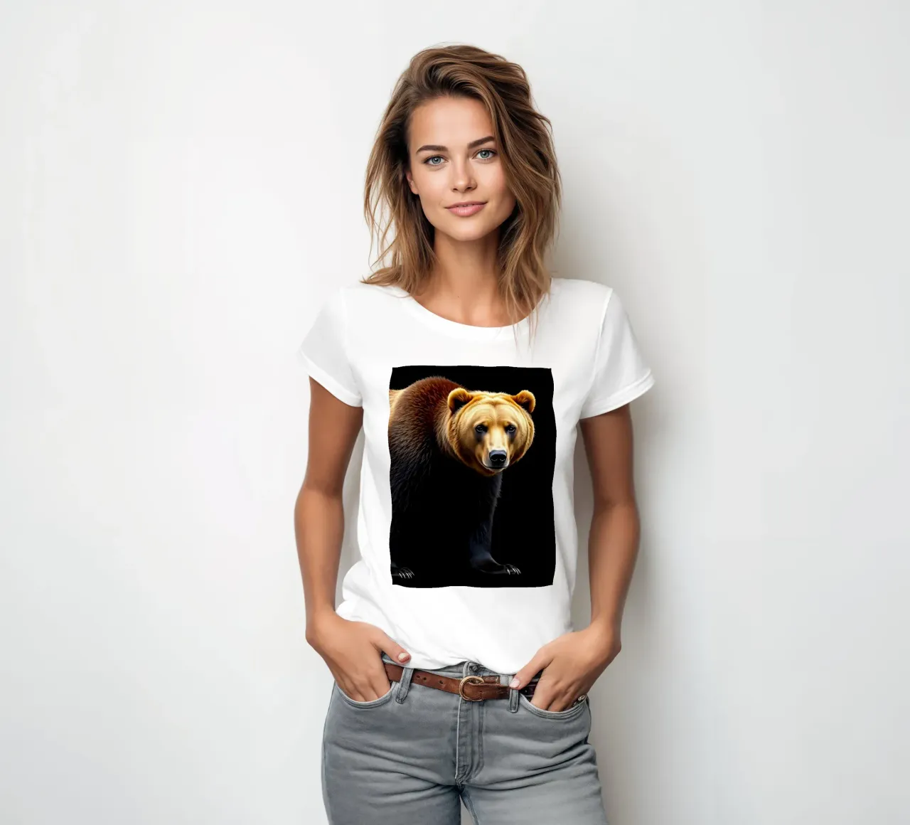 Braunbär auf allen Vieren stehend vor schwarzem Hintergrund Frauen T-Shirt von DesignDoodle