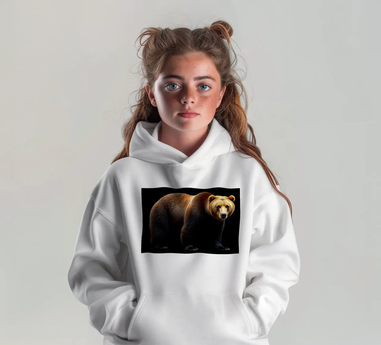 brown bear standing on all fours against a black background kids hoodie by DesignDoodle