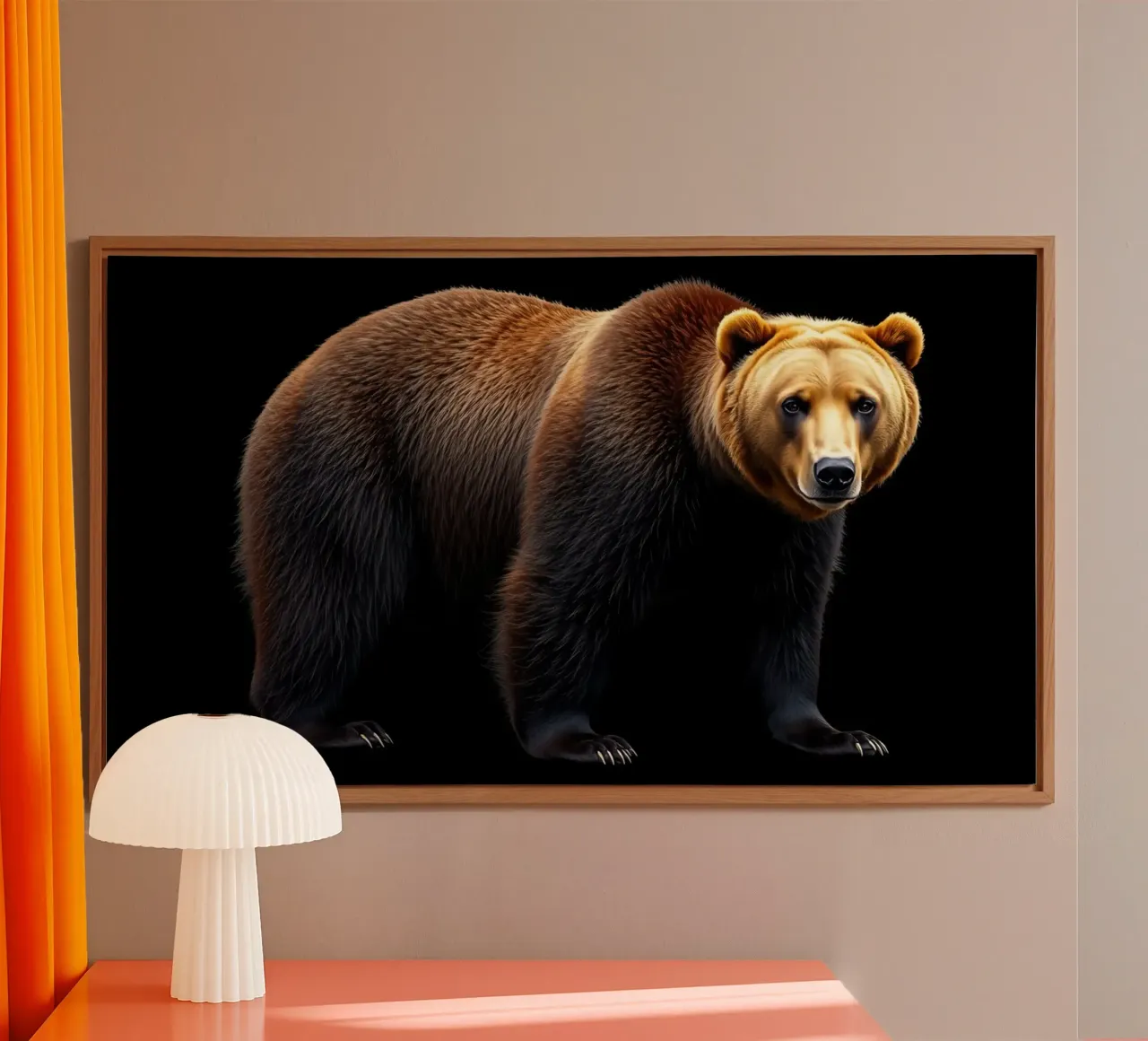 brown bear standing on all fours against a black background alu-dibond by DesignDoodle