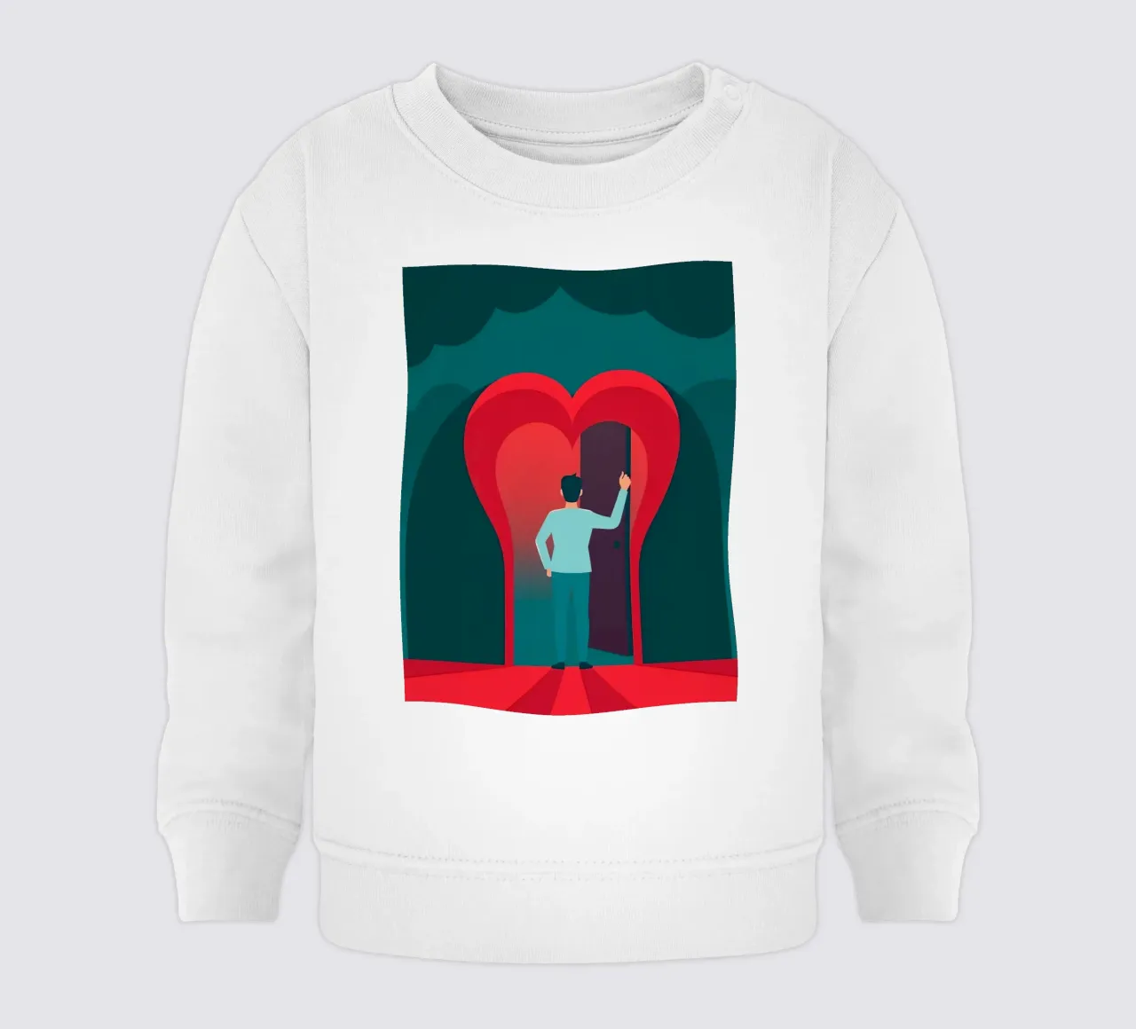 Uomo in piedi davanti a una porta a forma di cuore, per abbracciare l'amore felpa neonato da DesignDoodle