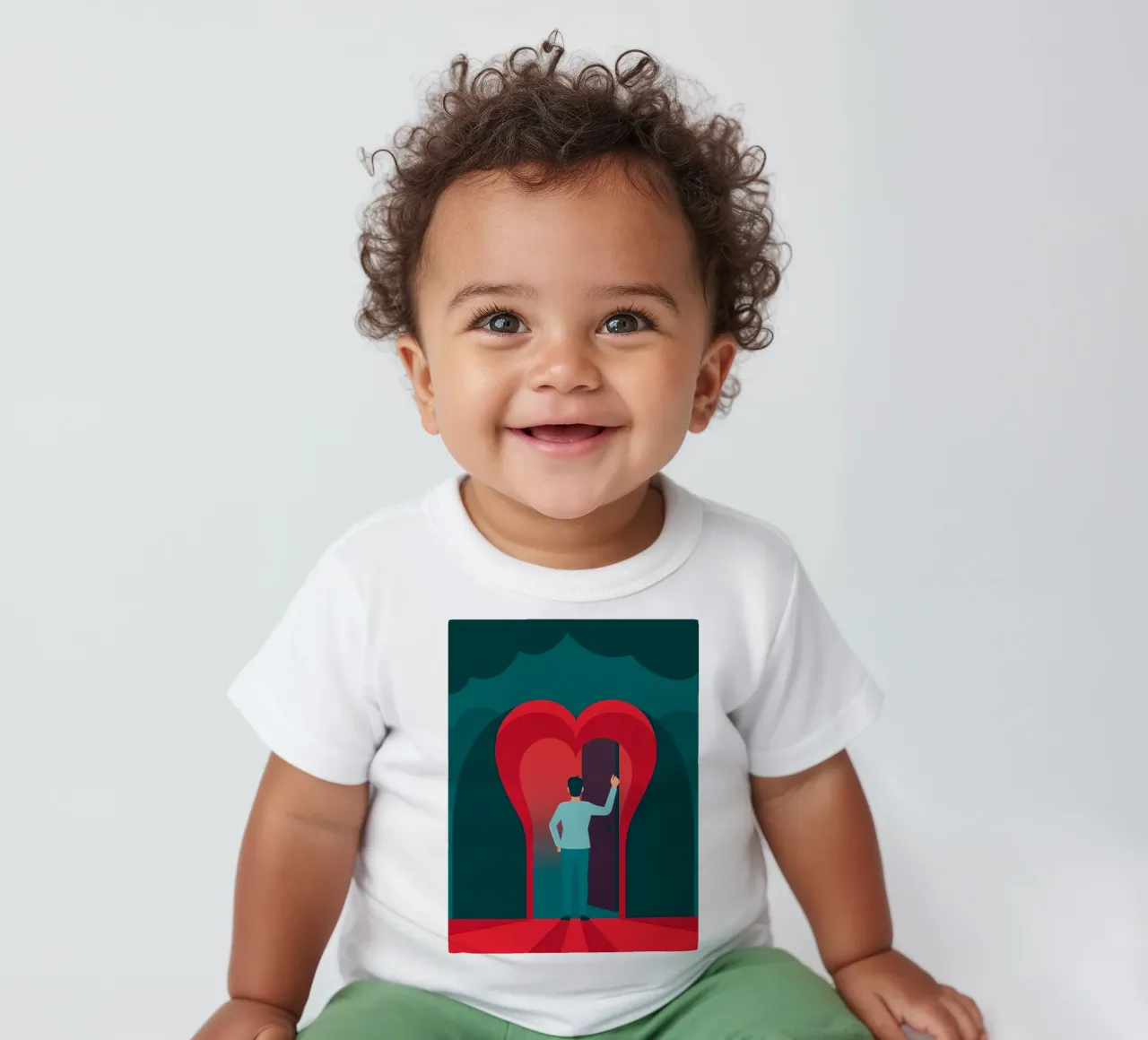 Uomo in piedi davanti a una porta a forma di cuore, per abbracciare l'amore maglietta neonato da DesignDoodle