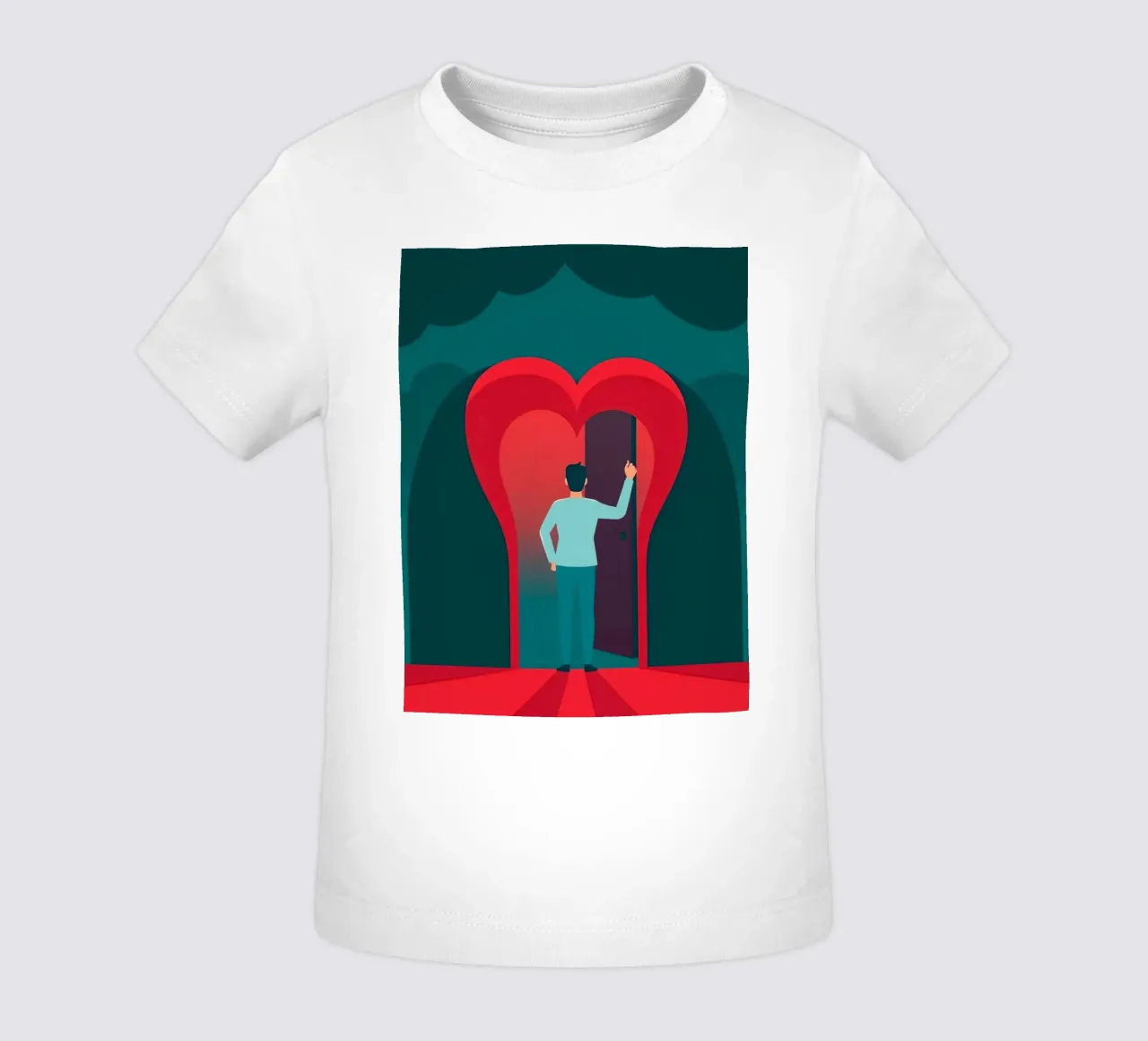 Uomo in piedi davanti a una porta a forma di cuore, per abbracciare l'amore maglietta neonato da DesignDoodle