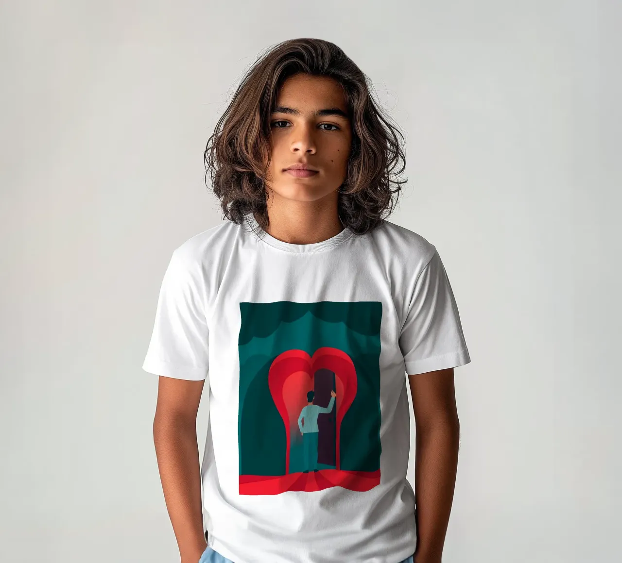 Uomo in piedi davanti a una porta a forma di cuore, per abbracciare l'amore t-shirt bambini da DesignDoodle
