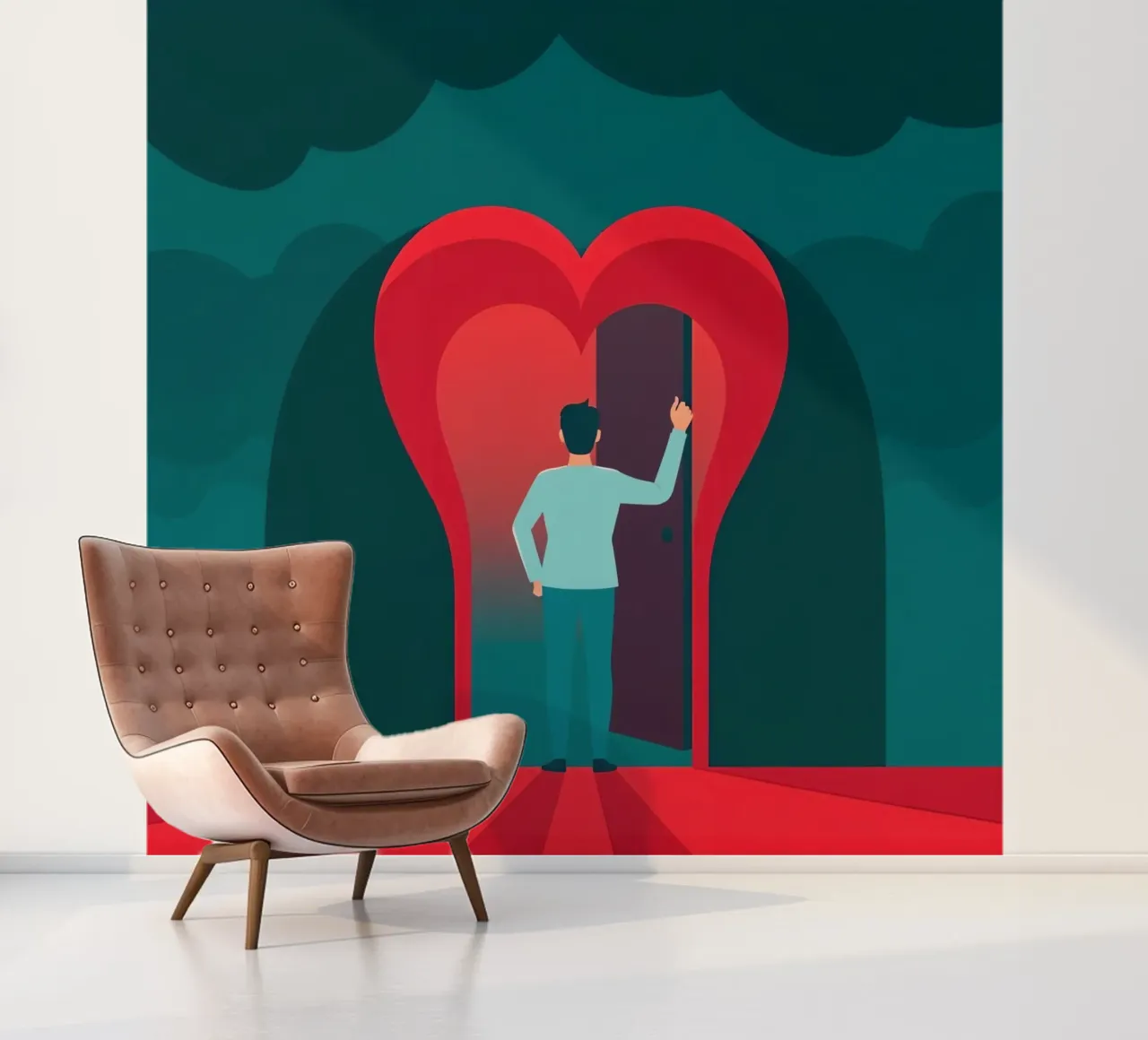 Homme debout devant une porte en forme de cœur, pour embrasser l'amour papier peint photo de DesignDoodle
