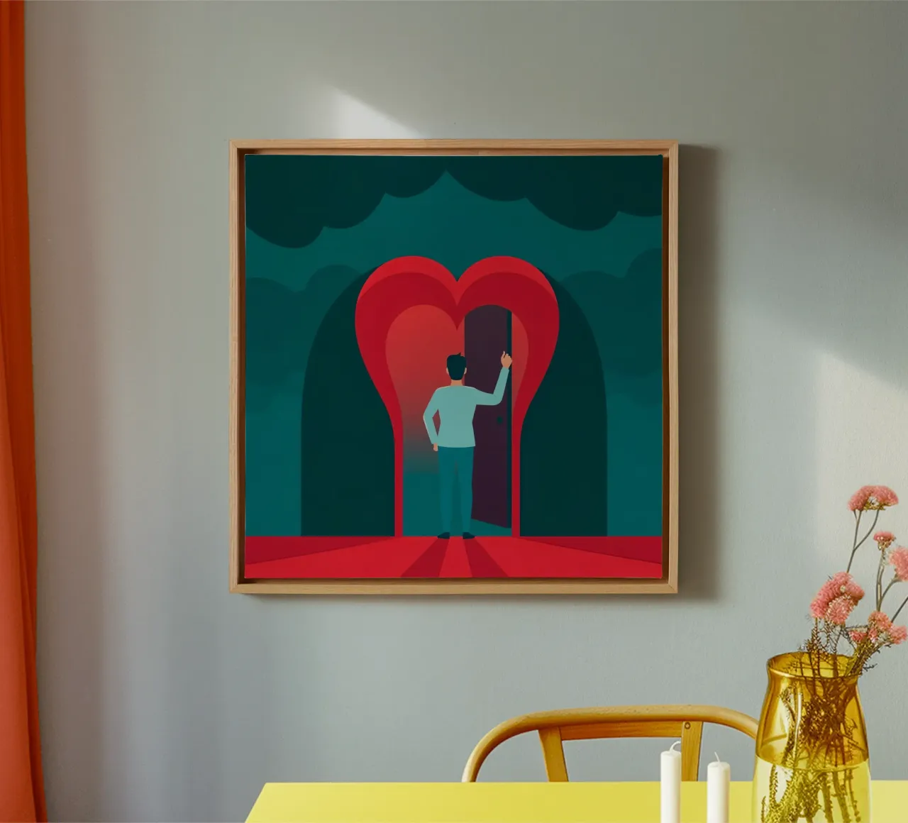 Uomo in piedi davanti a una porta a forma di cuore, per abbracciare l'amore tela da DesignDoodle