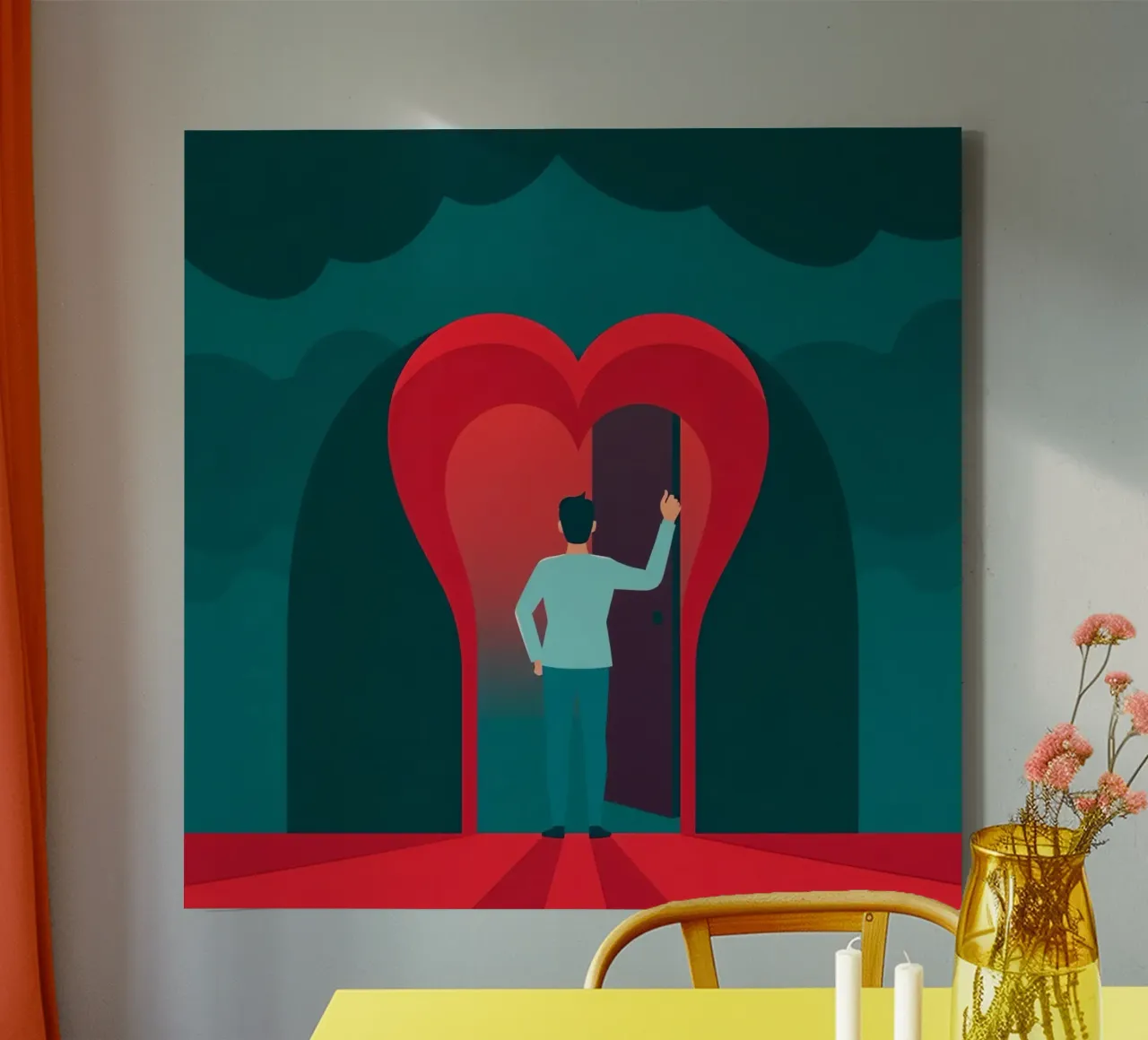 Uomo in piedi davanti a una porta a forma di cuore, per abbracciare l'amore tela da DesignDoodle