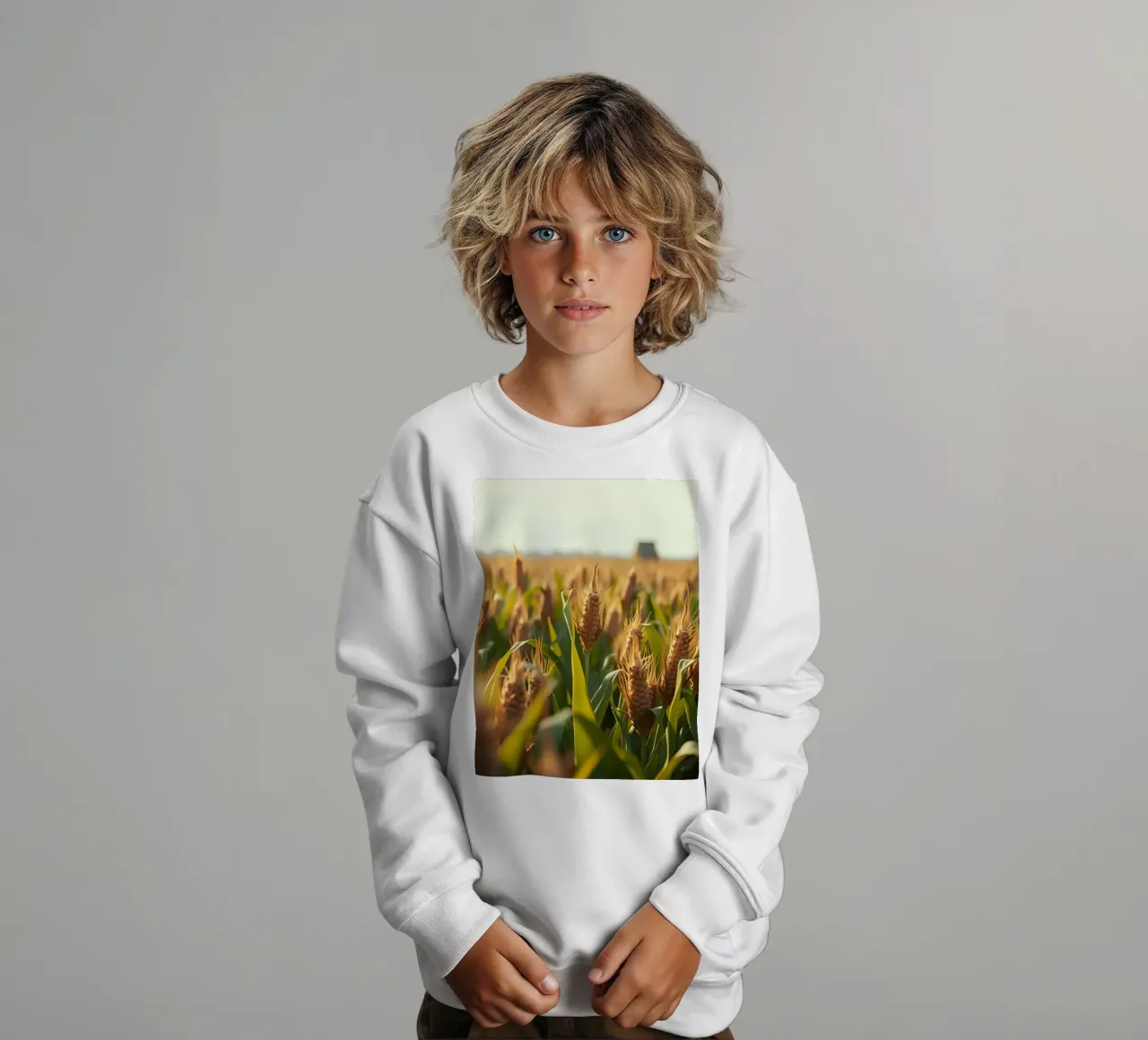 Golden cornfield stretches under a clear sky kids sweatshirt by DesignDoodle