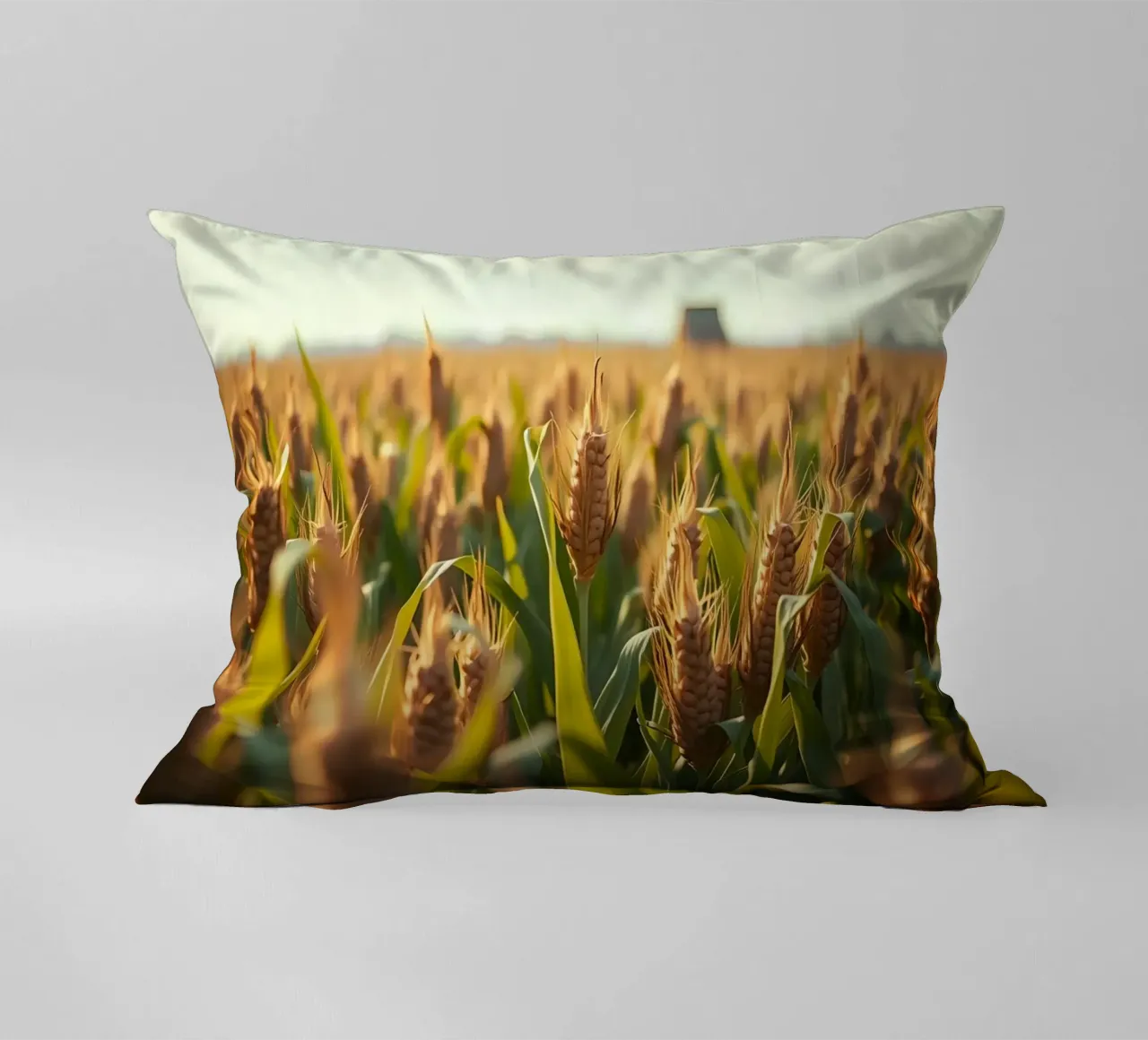 Golden cornfield stretches under a clear sky decorative cushion by DesignDoodle