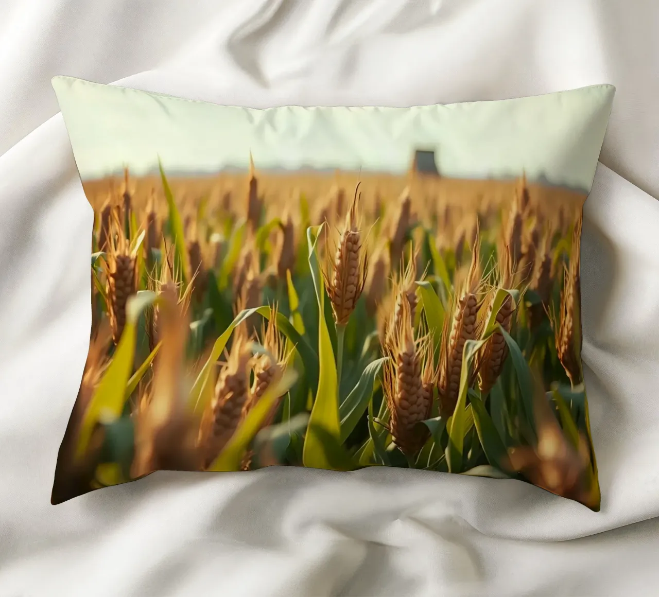 Golden cornfield stretches under a clear sky decorative cushion by DesignDoodle