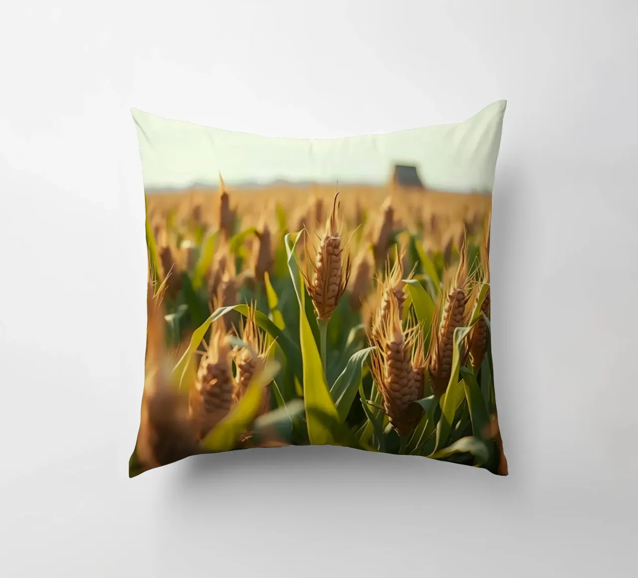 Golden cornfield stretches under a clear sky decorative cushion by DesignDoodle