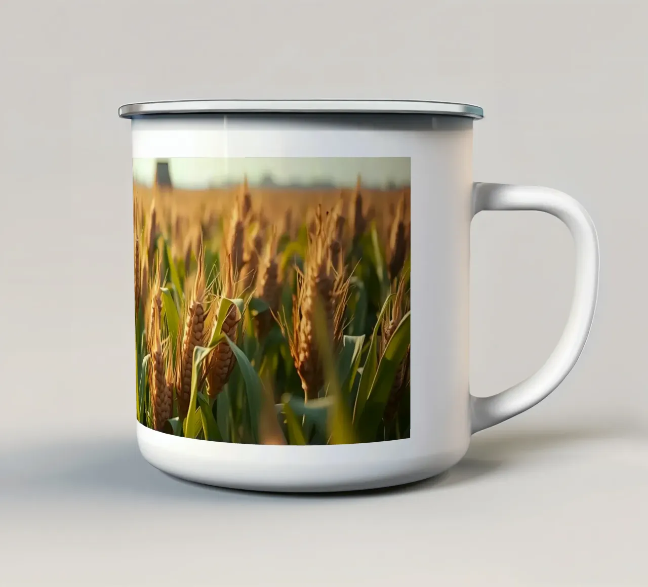 Goudkleurig korenveld strekt zich uit onder een heldere hemel emaille mok van DesignDoodle