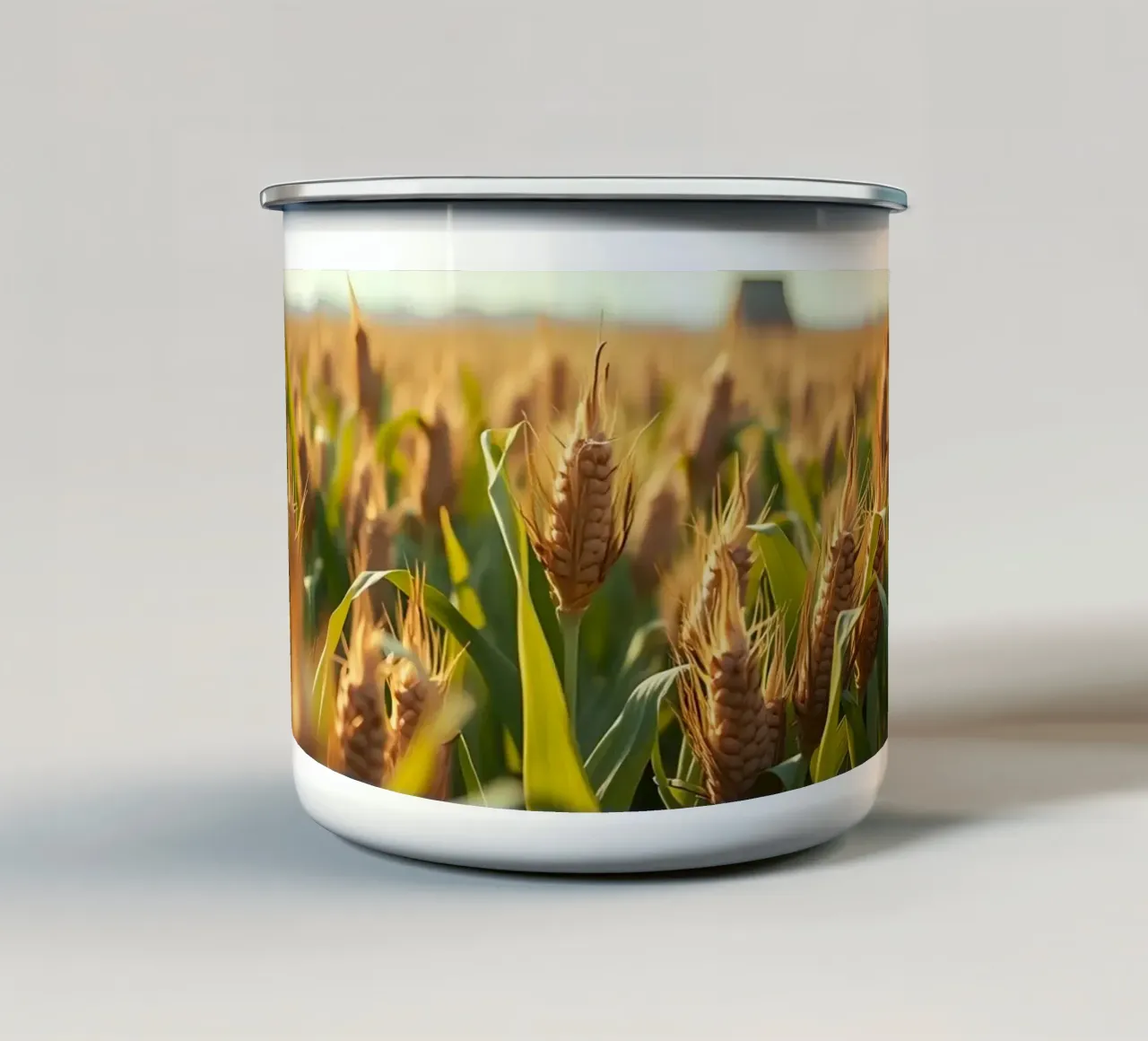 Goudkleurig korenveld strekt zich uit onder een heldere hemel emaille mok van DesignDoodle