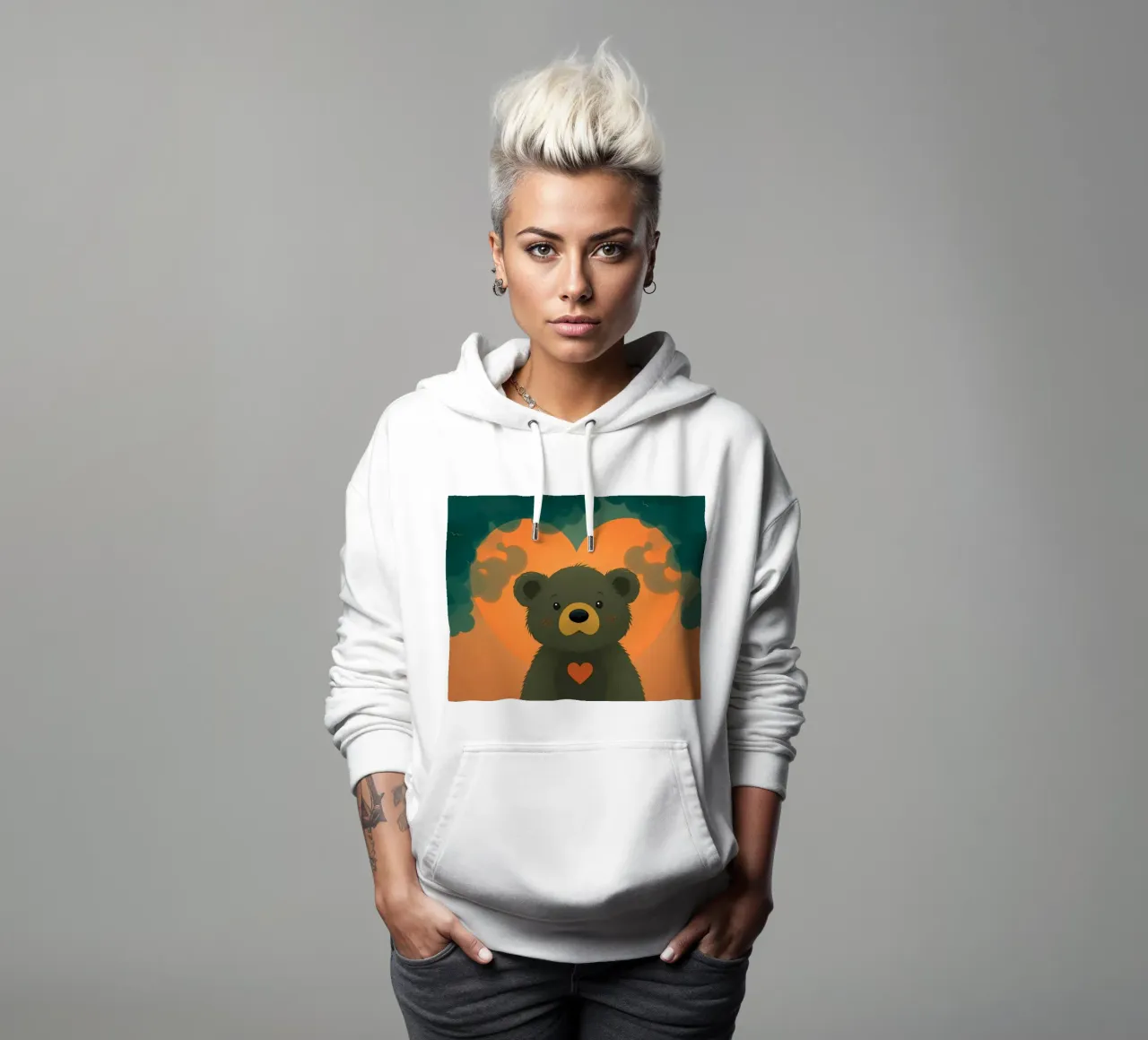 Illustrazione di orso carino con forma di cuore in una foresta felpa con cappuccio da DesignDoodle