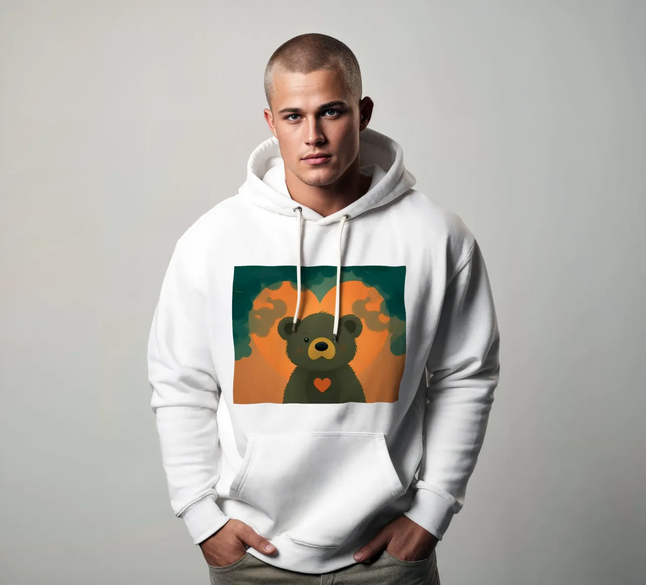 Illustrazione di orso carino con forma di cuore in una foresta felpa con cappuccio da DesignDoodle