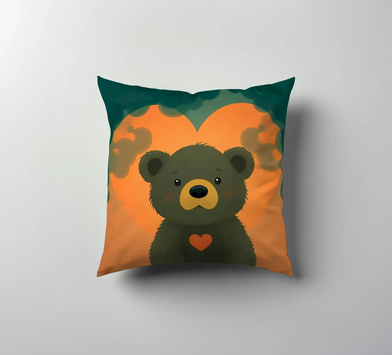 Illustrazione di orso carino con forma di cuore in una foresta cuscino da DesignDoodle