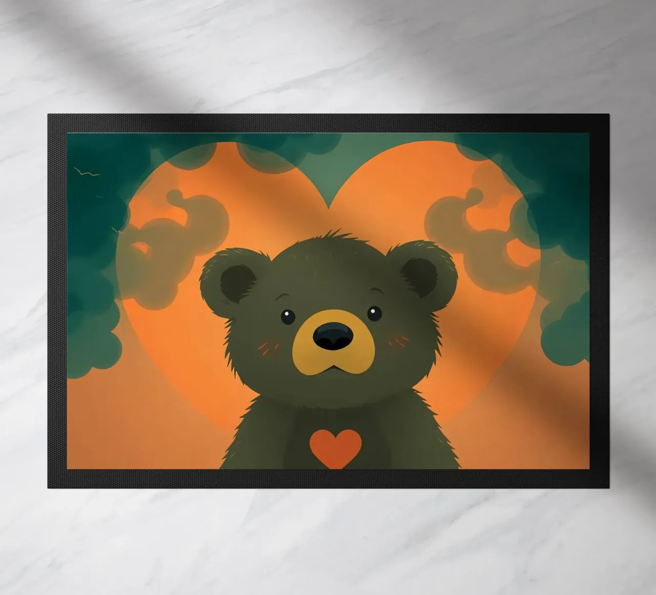 Illustrazione di orso carino con forma di cuore in una foresta zerbino da DesignDoodle