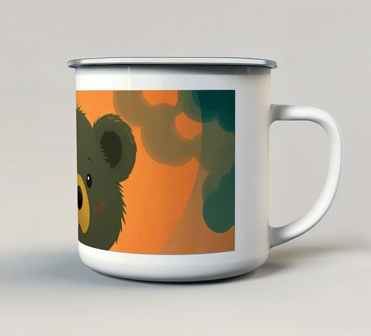 Illustrazione di orso carino con forma di cuore in una foresta tazza in smalto da DesignDoodle