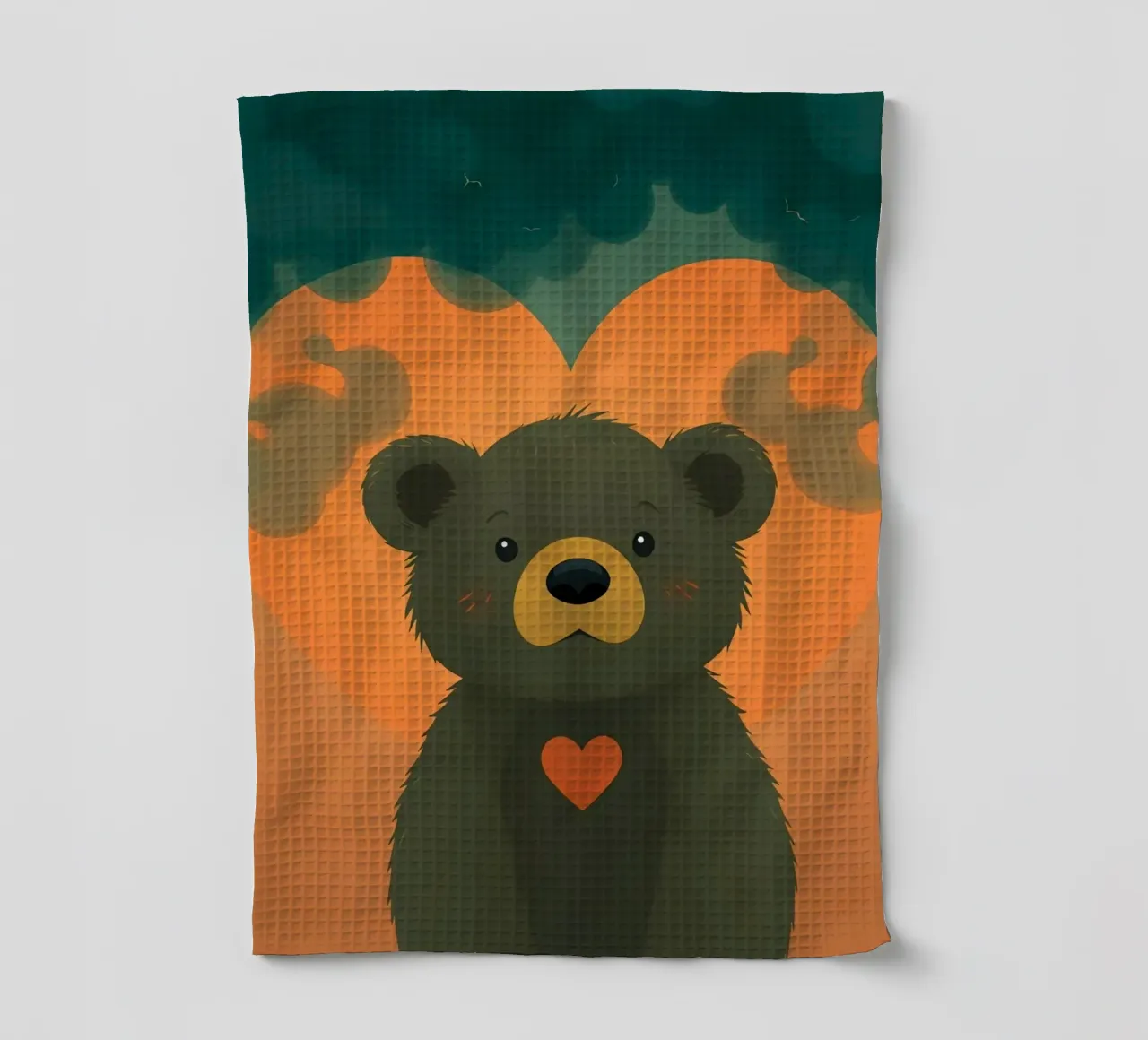 Illustrazione di orso carino con forma di cuore in una foresta canovaccio da cucina da DesignDoodle