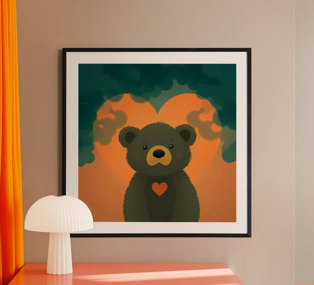 Illustrazione di orso carino con forma di cuore in una foresta carta hahnemühle da DesignDoodle