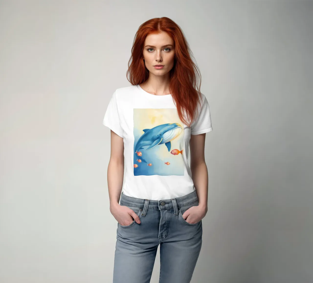 Balena che nuota con piccoli pesci arancioni in una delicata immersione subacquea t-shirt da DesignDoodle