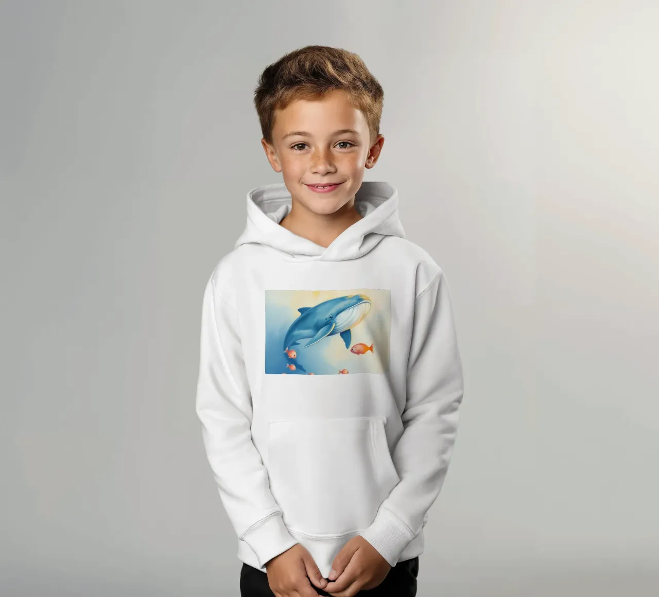 Baleine nageant avec de petits poissons orange dans une eau douce. sweat à capuche enfant de DesignDoodle