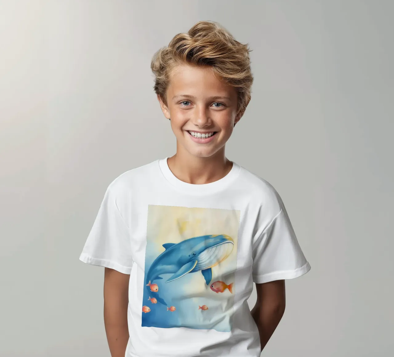 Baleine nageant avec de petits poissons orange dans une eau douce. t-shirt enfant de DesignDoodle
