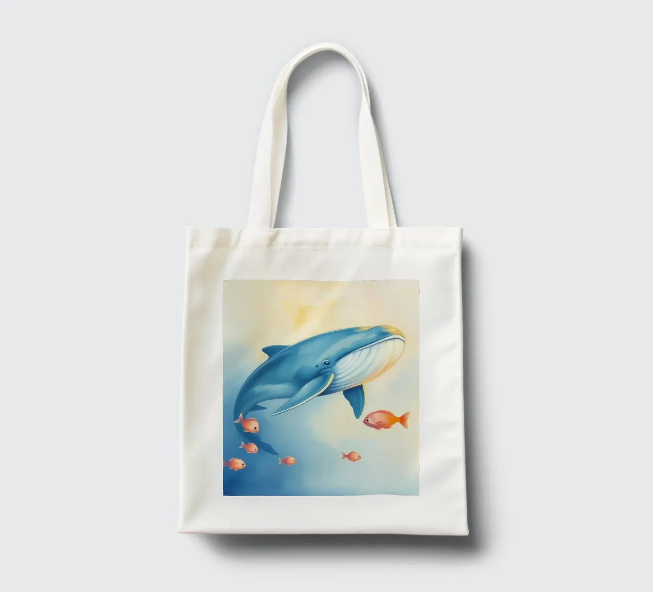Balena che nuota con piccoli pesci arancioni in una delicata immersione subacquea borsa in juta da DesignDoodle