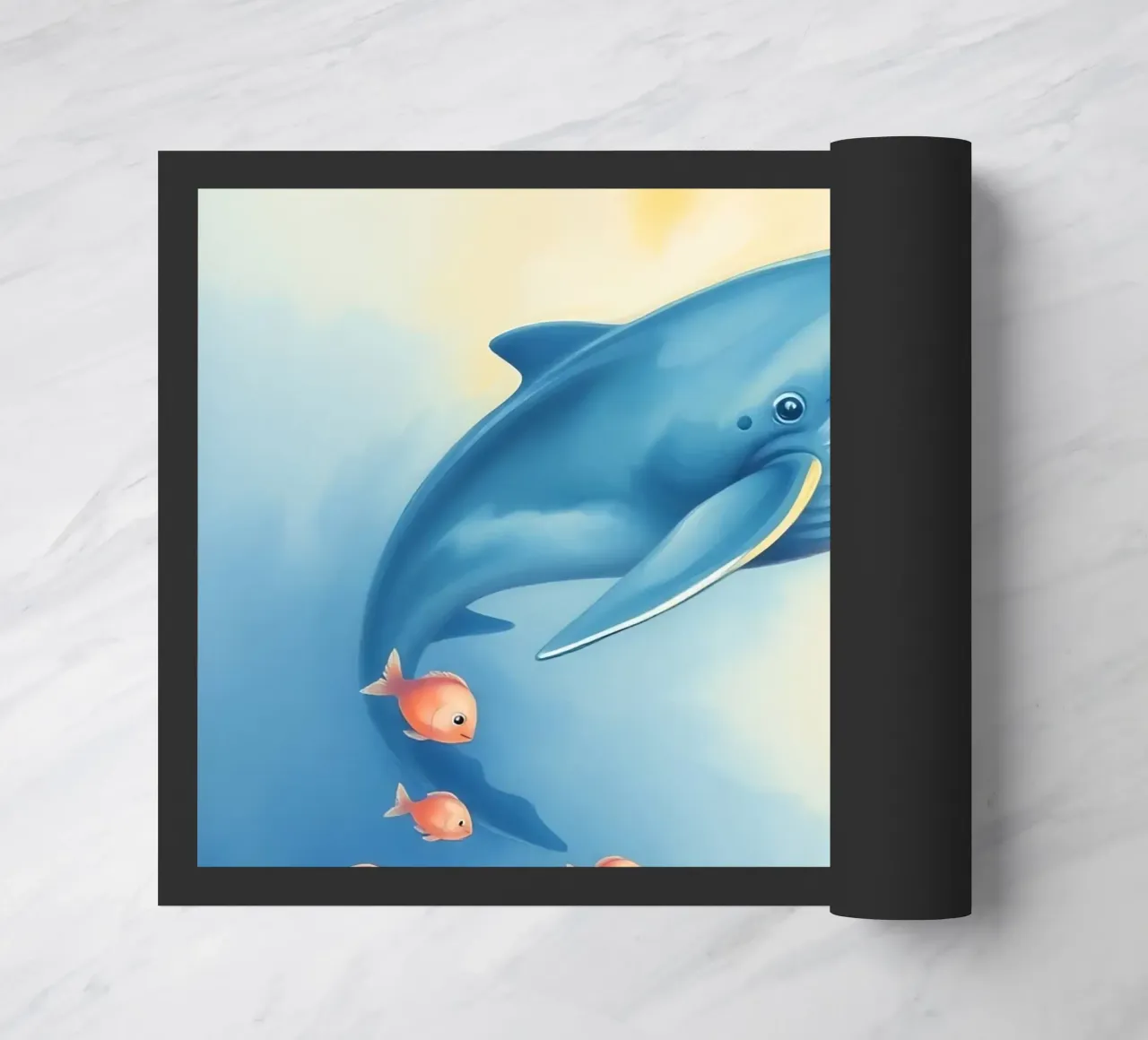 Balena che nuota con piccoli pesci arancioni in una delicata immersione subacquea zerbino da DesignDoodle