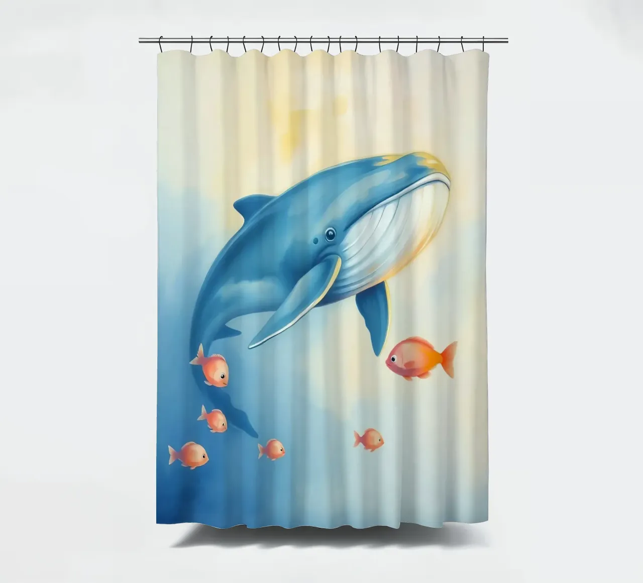 Balena che nuota con piccoli pesci arancioni in una delicata immersione subacquea tenda da doccia da DesignDoodle