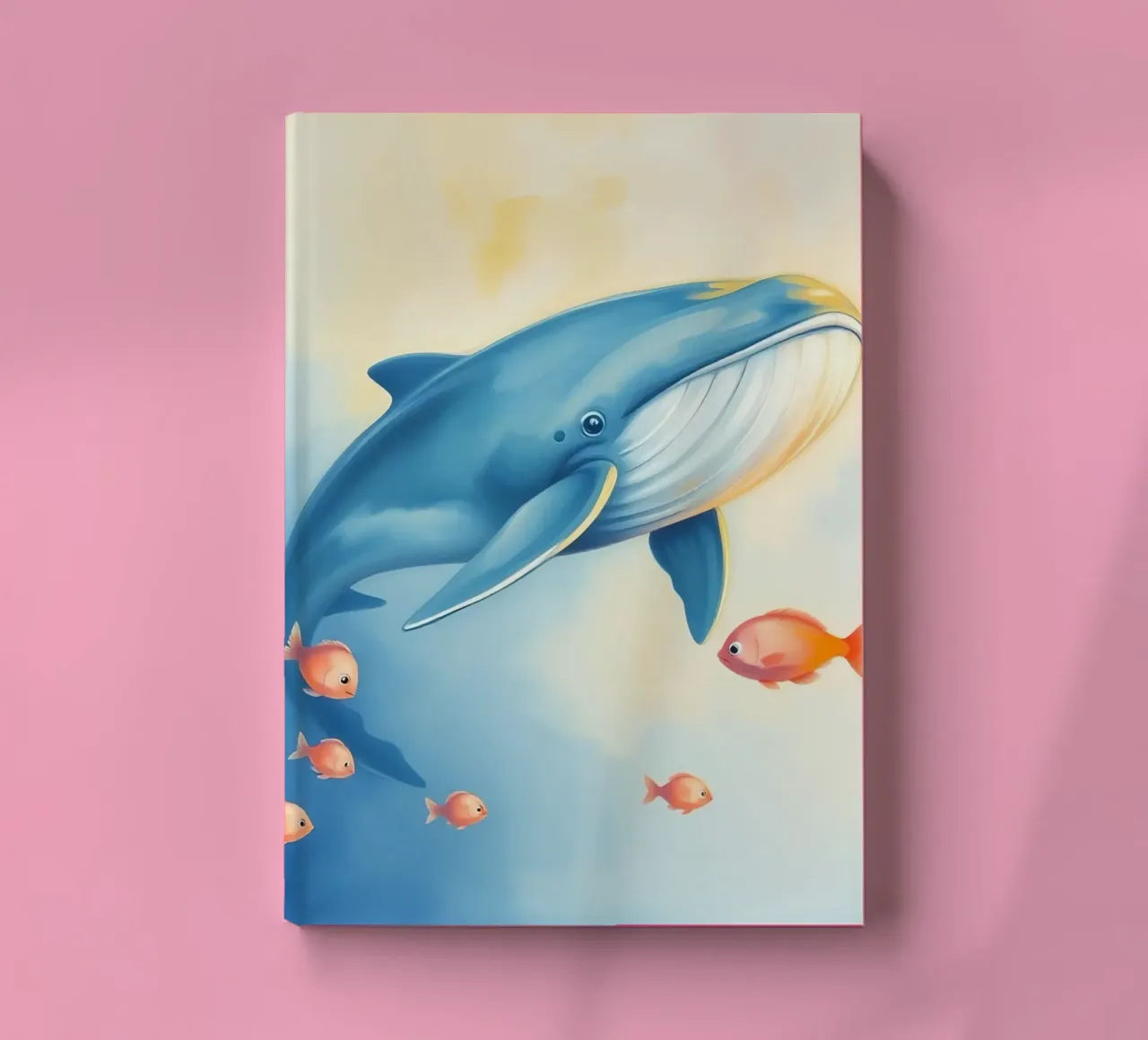 Baleine nageant avec de petits poissons orange dans une eau douce. carnet de notes de DesignDoodle