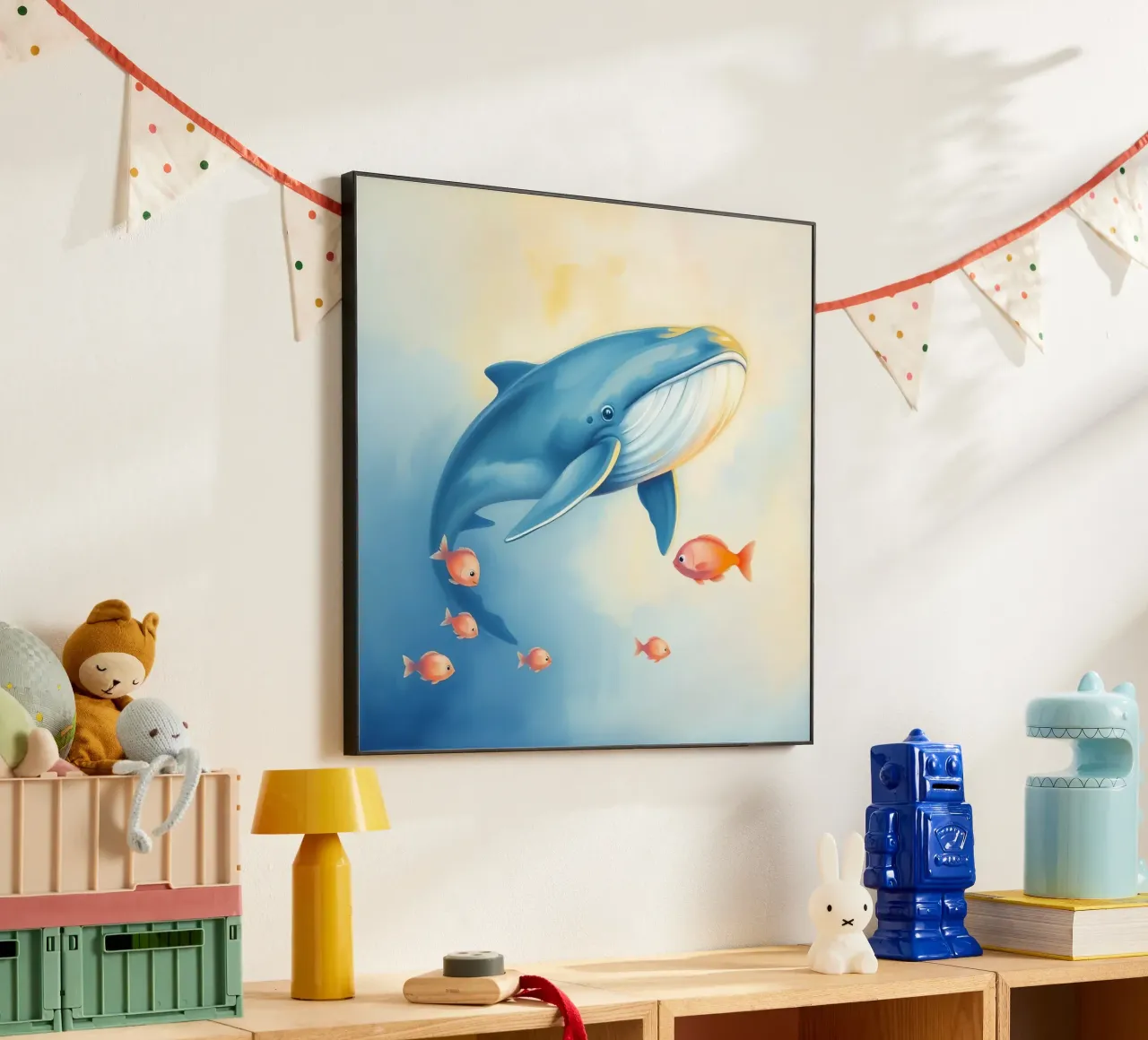 Balena che nuota con piccoli pesci arancioni in una delicata immersione subacquea alluminio dibond da DesignDoodle