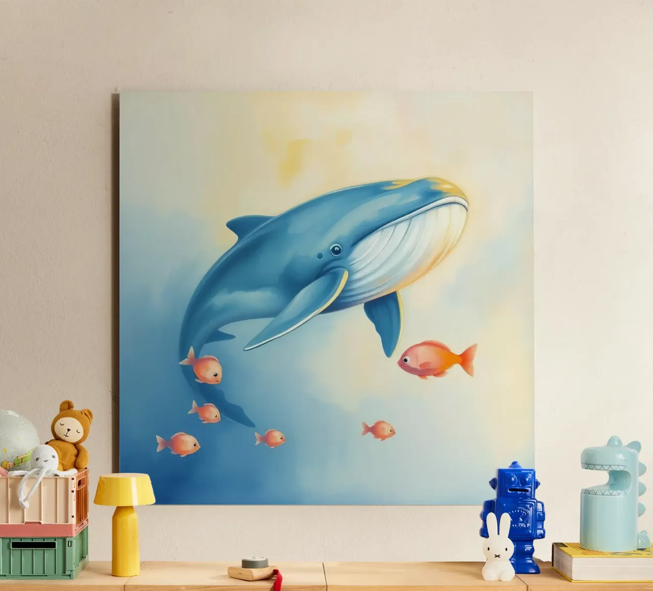 Balena che nuota con piccoli pesci arancioni in una delicata immersione subacquea alluminio dibond da DesignDoodle