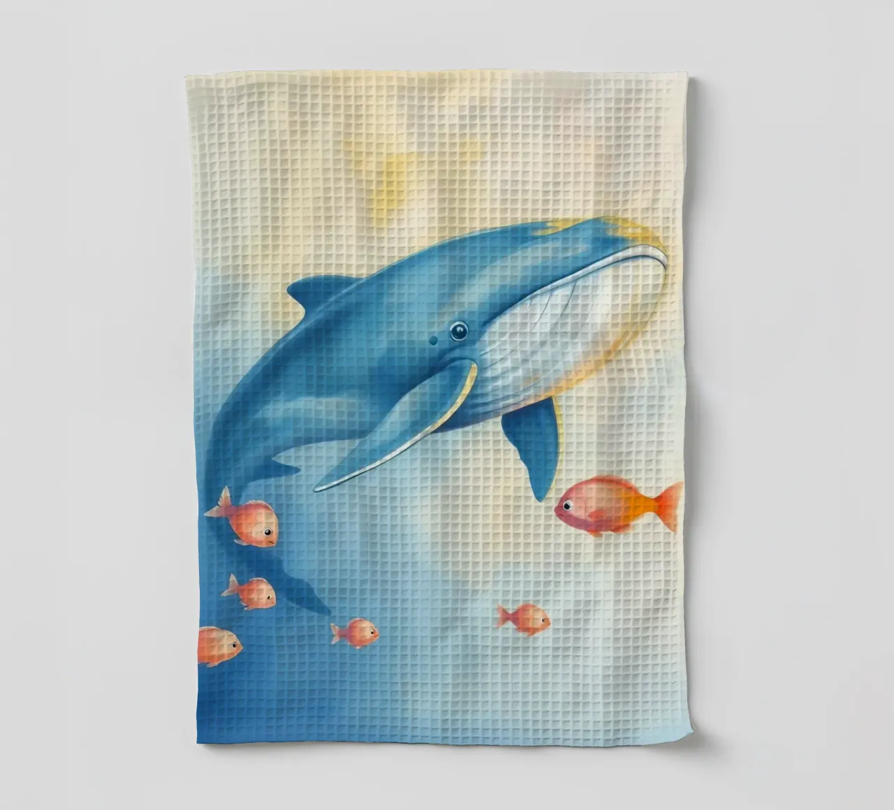 Baleine nageant avec de petits poissons orange dans une eau douce. torchon de DesignDoodle